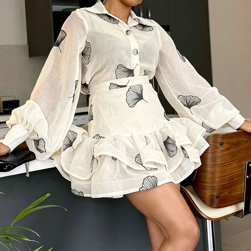 Fashion Pattern Printed Loose Fit Summer Suit Women's Lapel Puff Sleeve Top & Skirt Party Outfit Casual Commuter Two Piece Sets