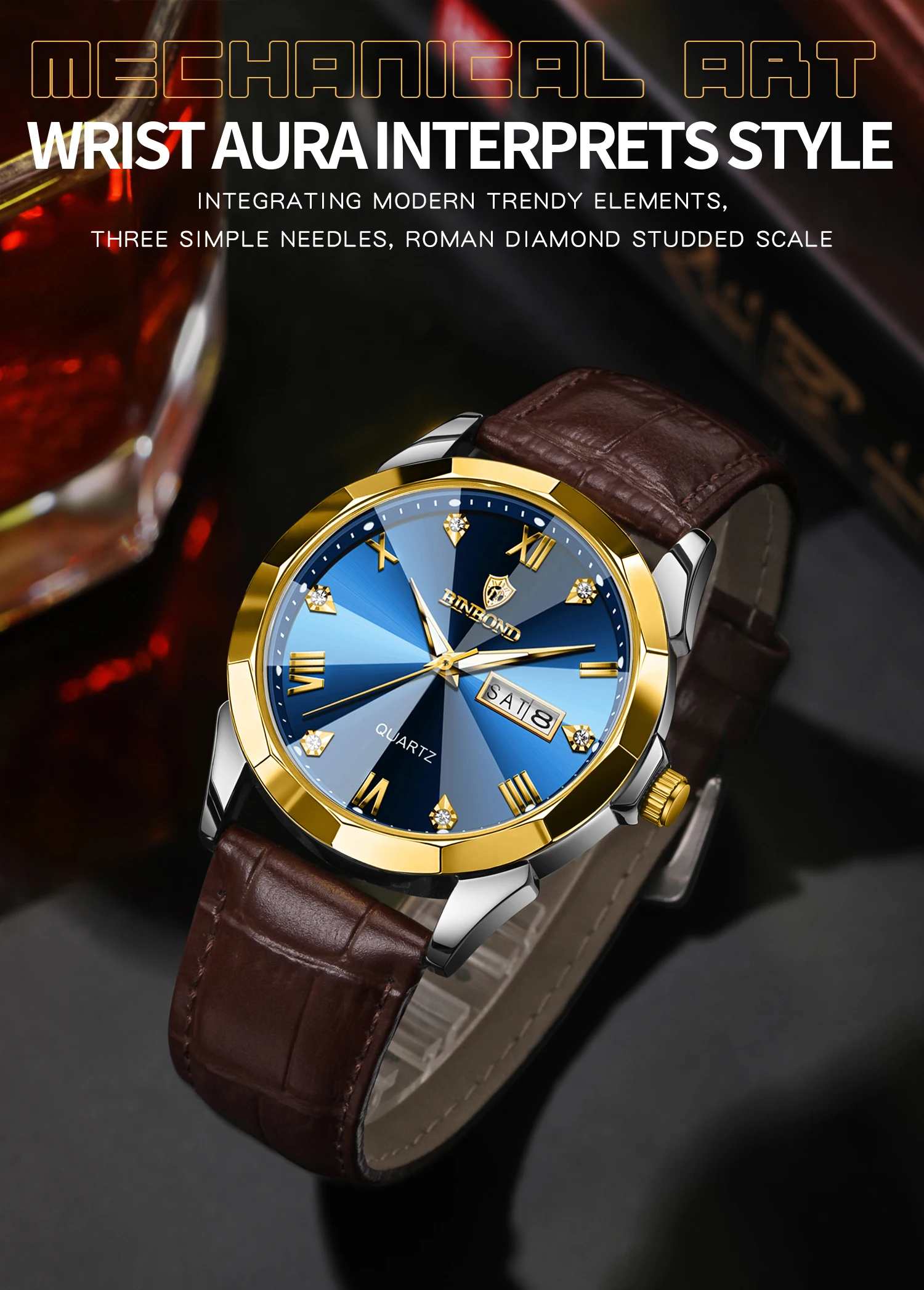 BINBOND Business Quartz Watches for Men Luxury Luminous Waterproof Precise Auto Date Week Display Men's Watch Durable Reloj