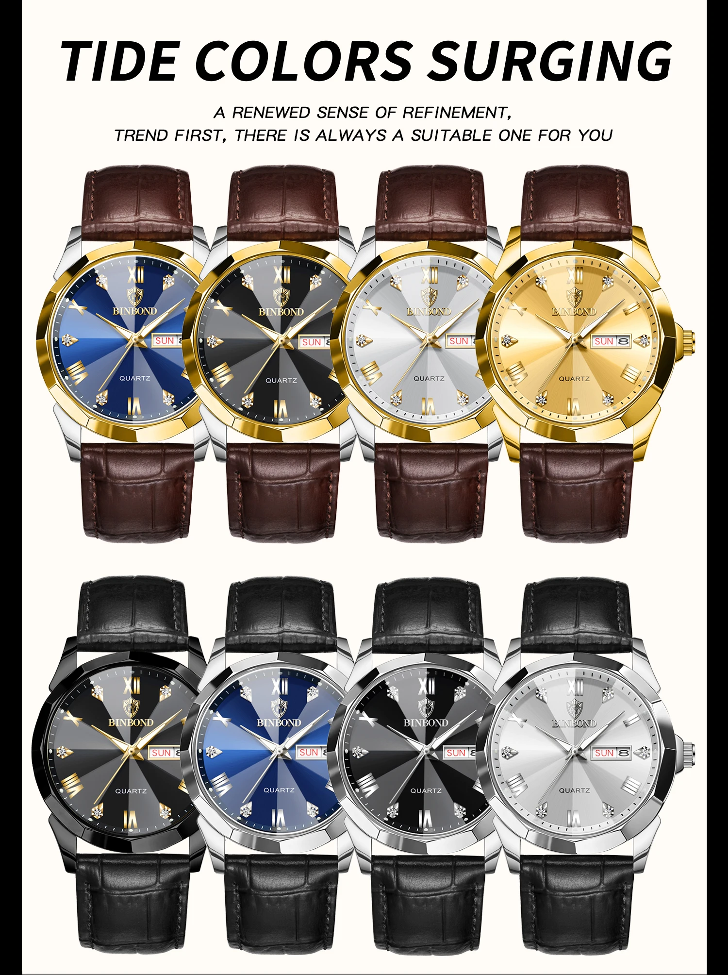 BINBOND Business Quartz Watches for Men Luxury Luminous Waterproof Precise Auto Date Week Display Men's Watch Durable Reloj
