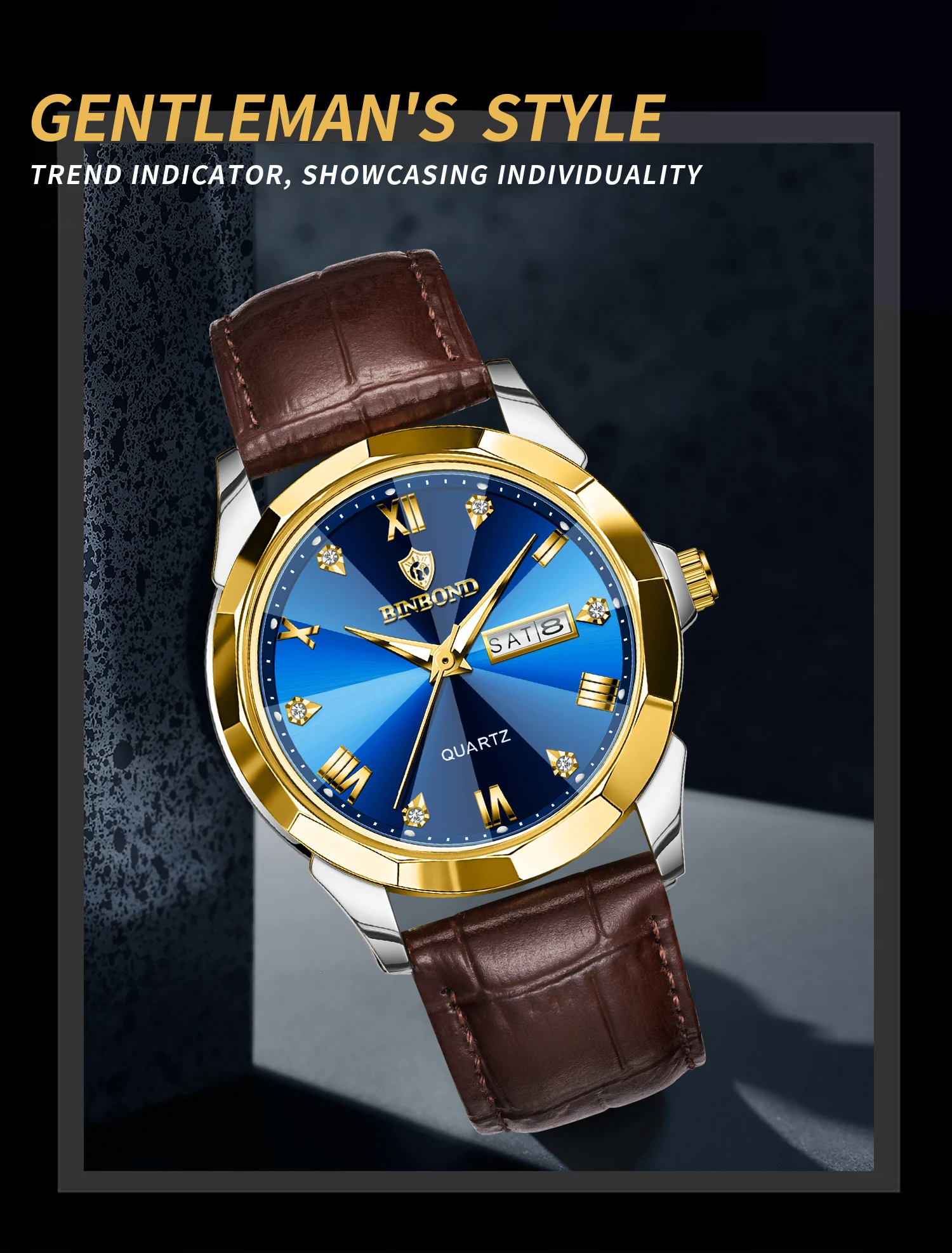 BINBOND Business Quartz Watches for Men Luxury Luminous Waterproof Precise Auto Date Week Display Men's Watch Durable Reloj