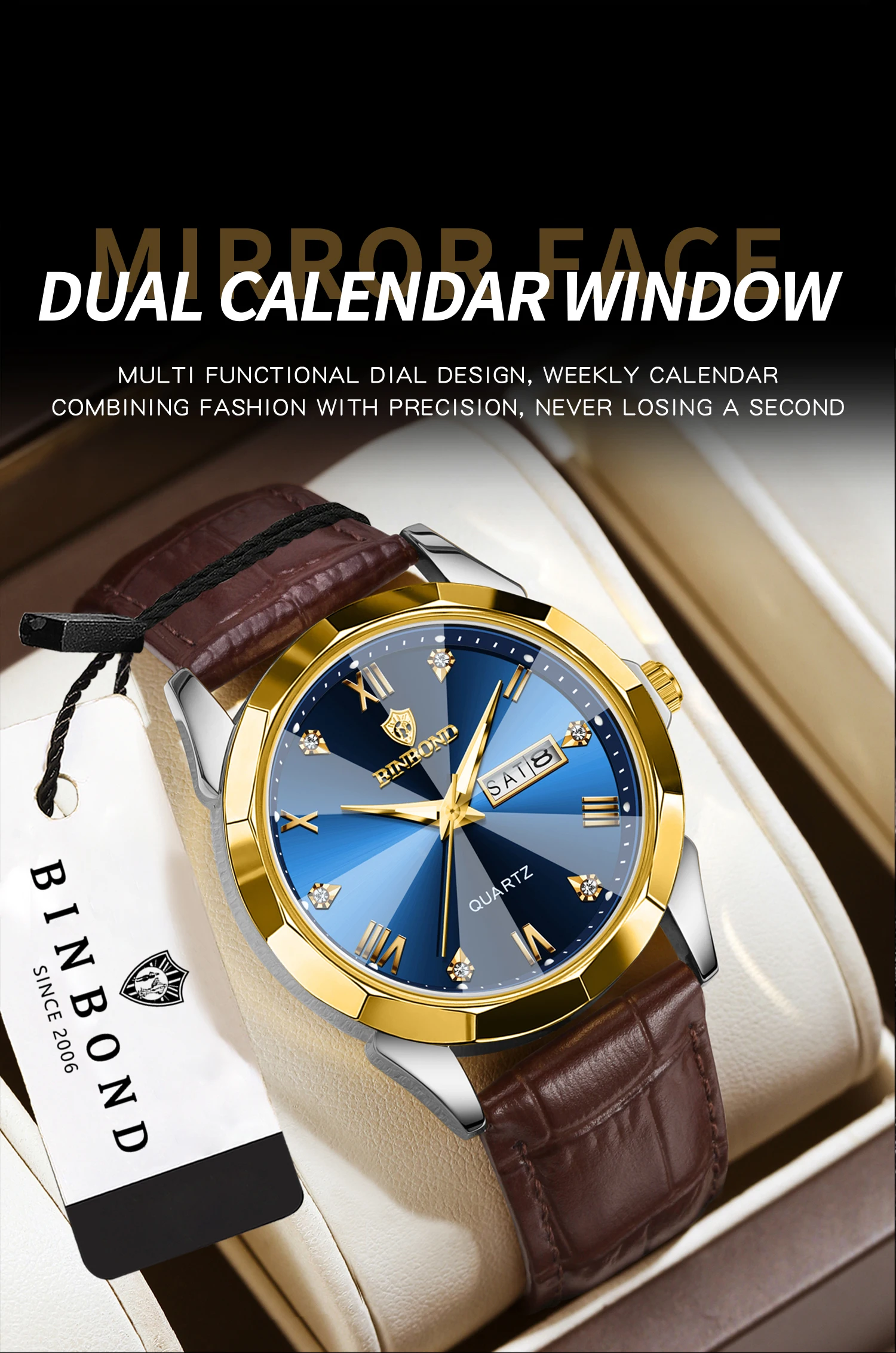 BINBOND Business Quartz Watches for Men Luxury Luminous Waterproof Precise Auto Date Week Display Men's Watch Durable Reloj
