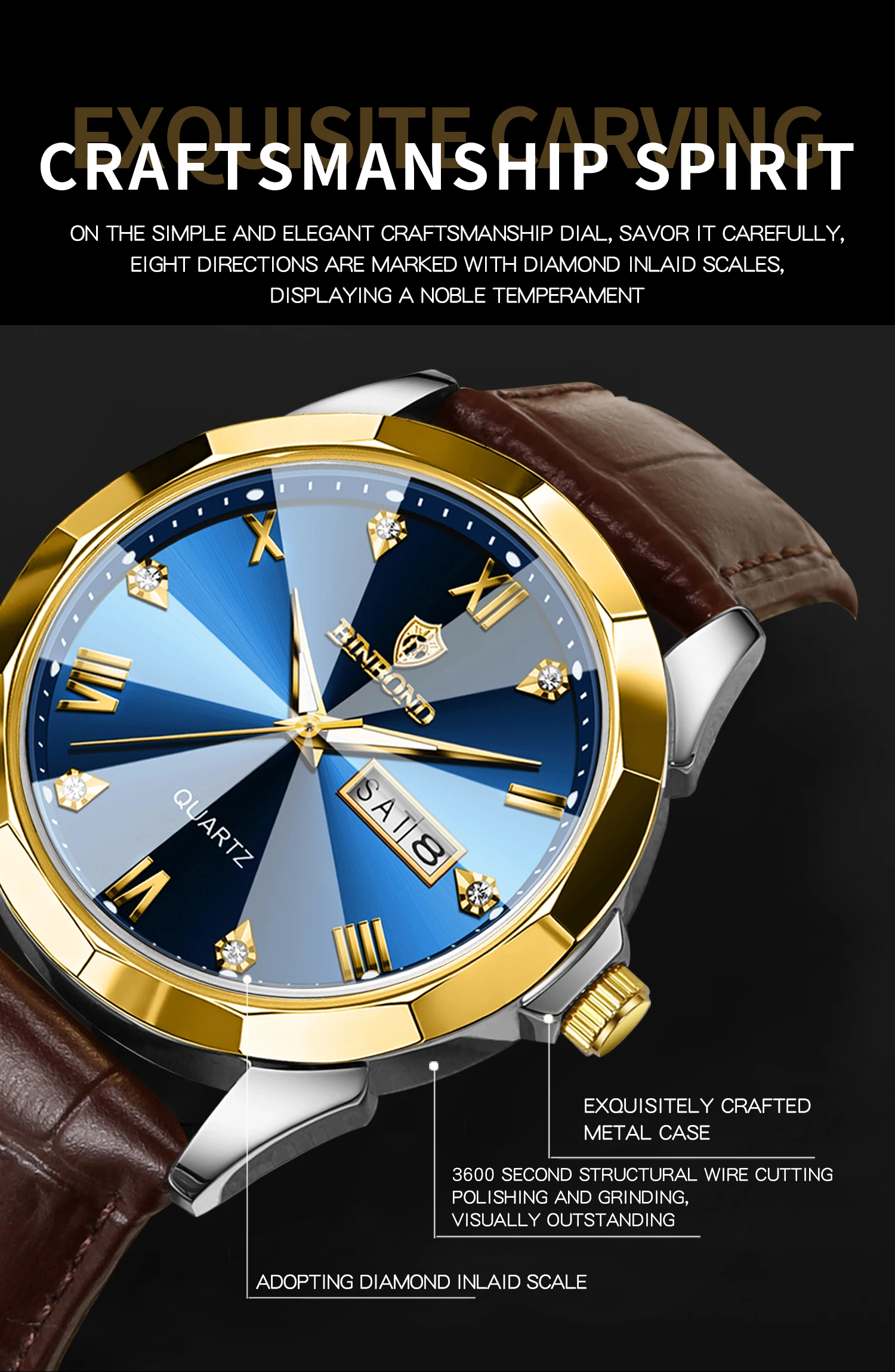 BINBOND Business Quartz Watches for Men Luxury Luminous Waterproof Precise Auto Date Week Display Men's Watch Durable Reloj