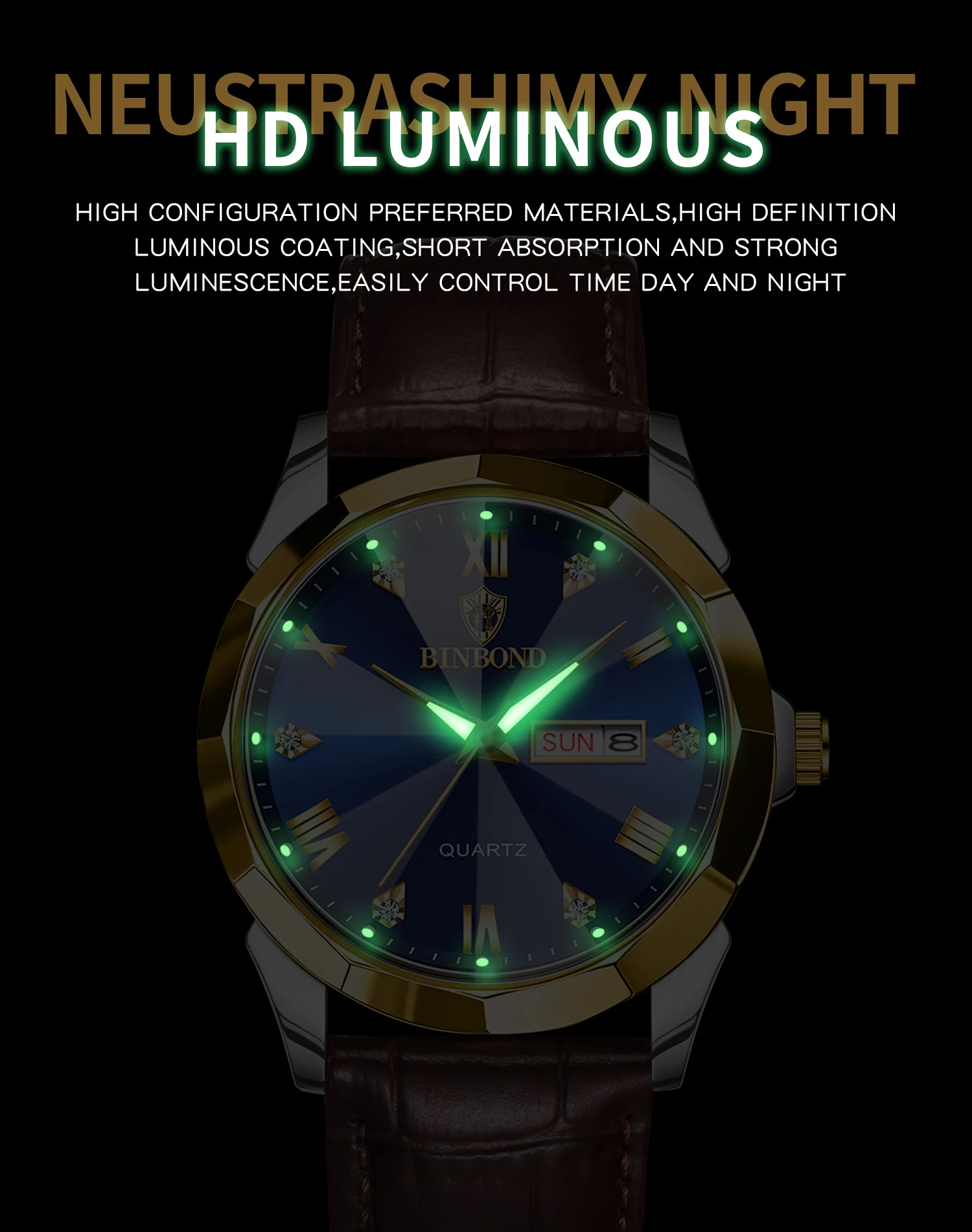 BINBOND Business Quartz Watches for Men Luxury Luminous Waterproof Precise Auto Date Week Display Men's Watch Durable Reloj