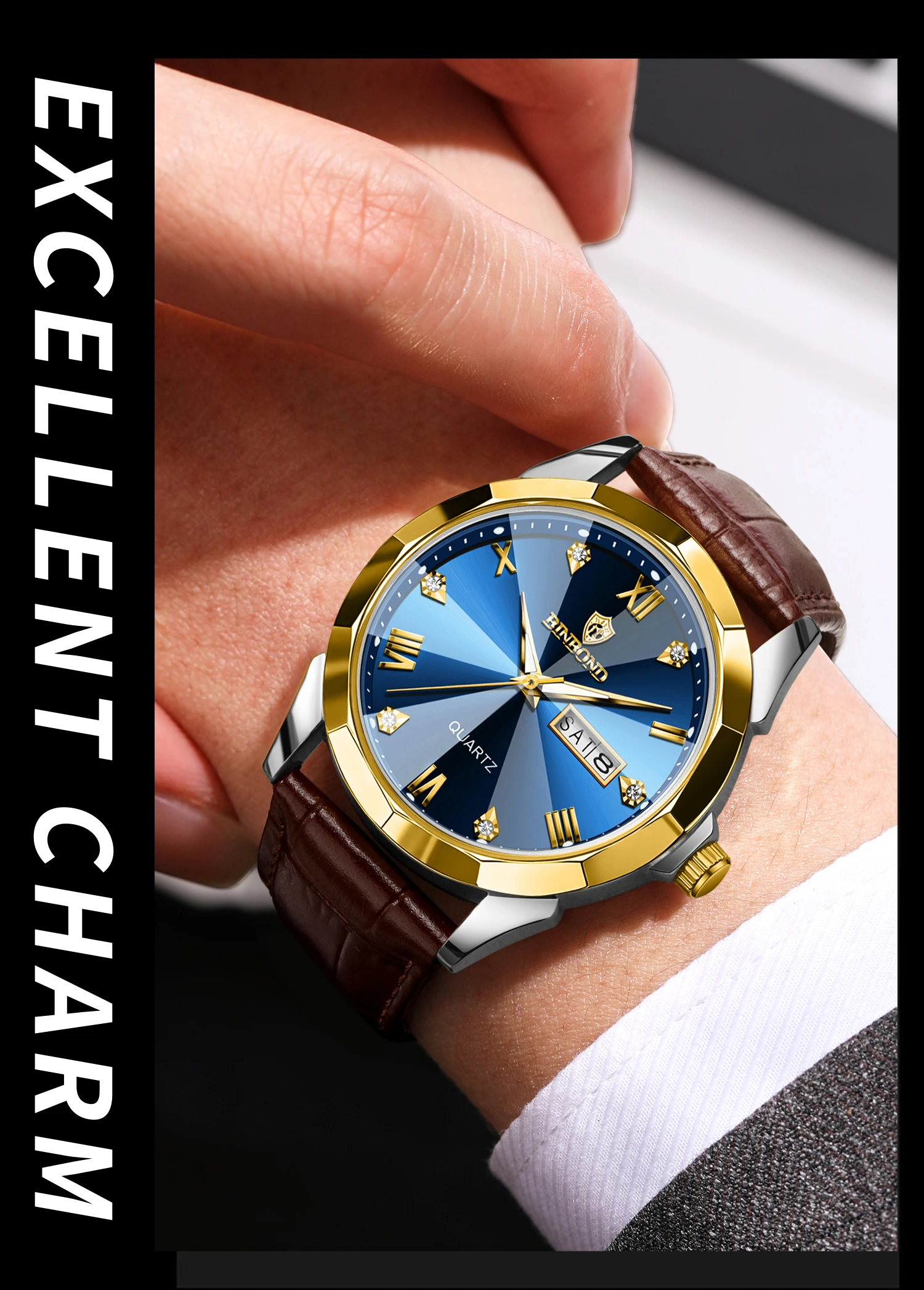BINBOND Business Quartz Watches for Men Luxury Luminous Waterproof Precise Auto Date Week Display Men's Watch Durable Reloj
