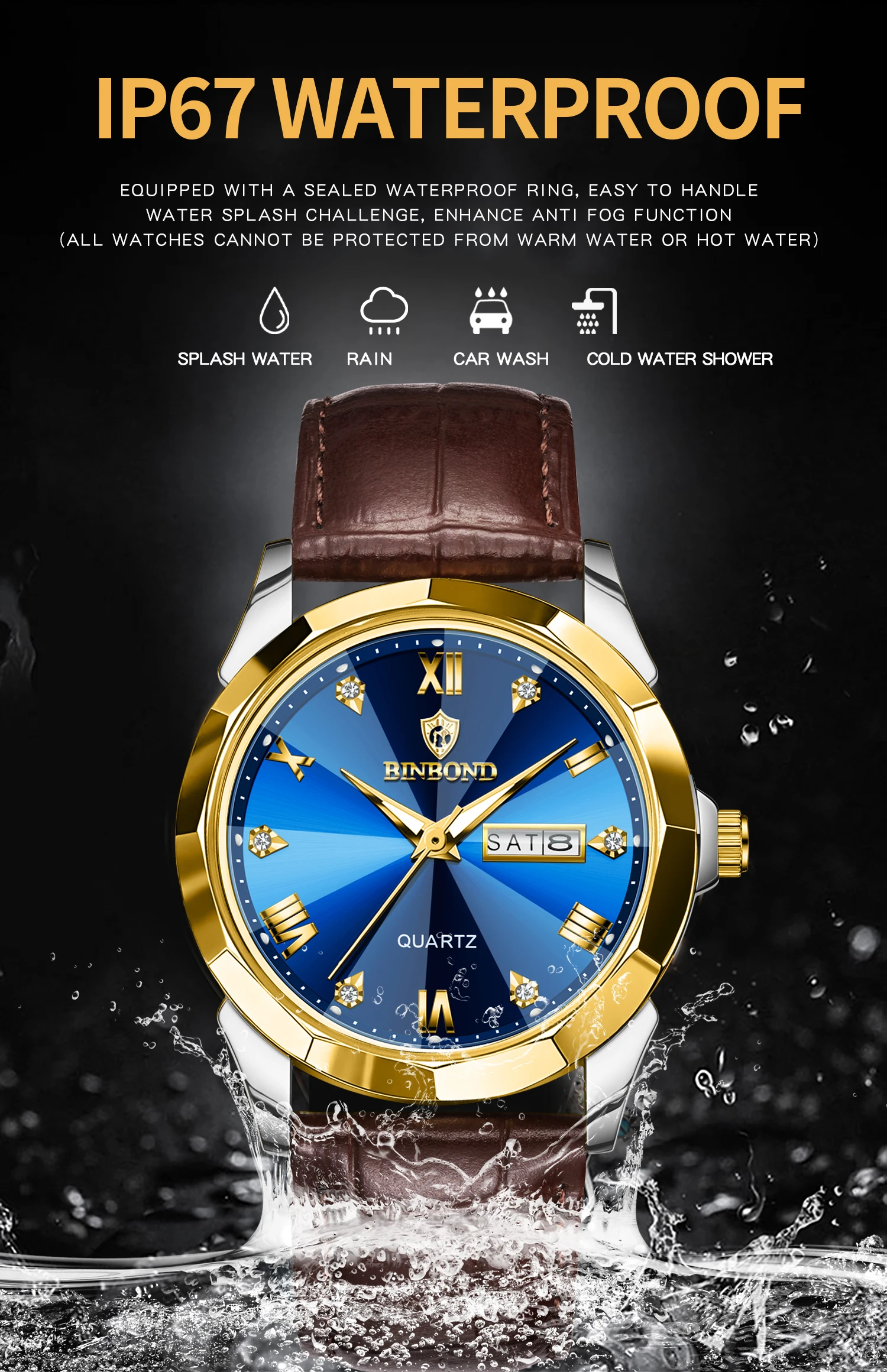 BINBOND Business Quartz Watches for Men Luxury Luminous Waterproof Precise Auto Date Week Display Men's Watch Durable Reloj