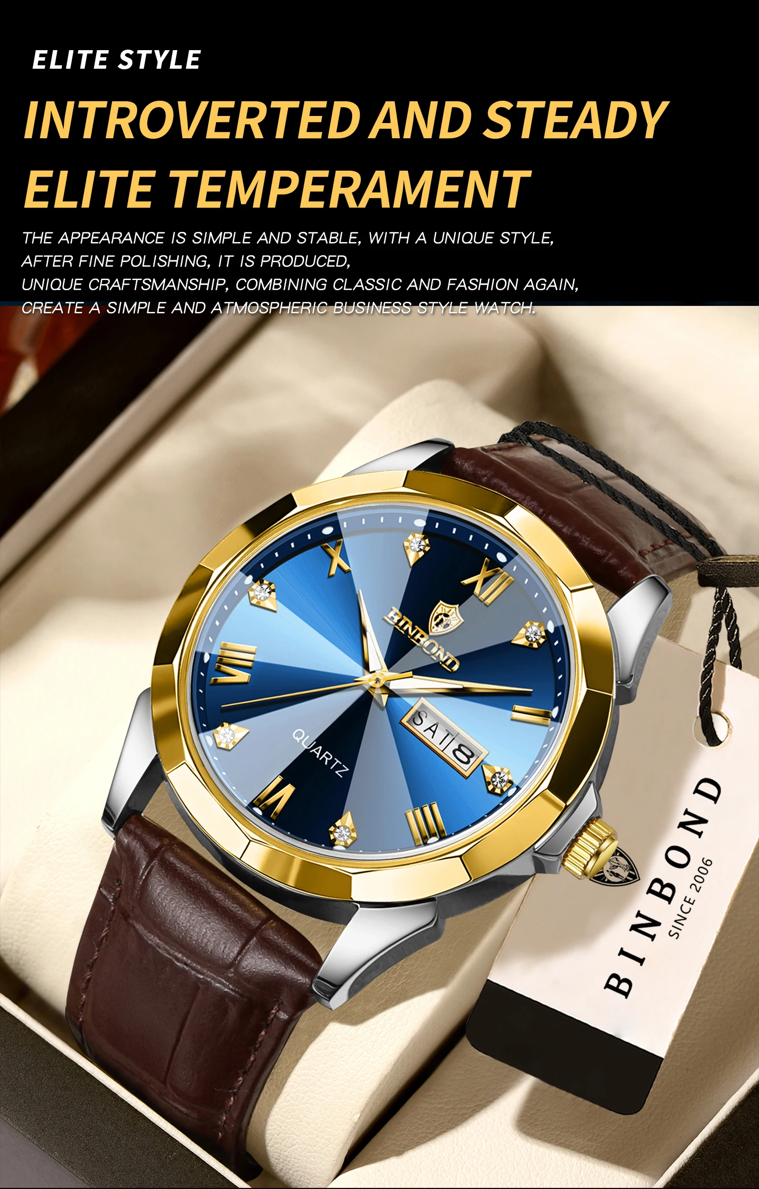BINBOND Business Quartz Watches for Men Luxury Luminous Waterproof Precise Auto Date Week Display Men's Watch Durable Reloj