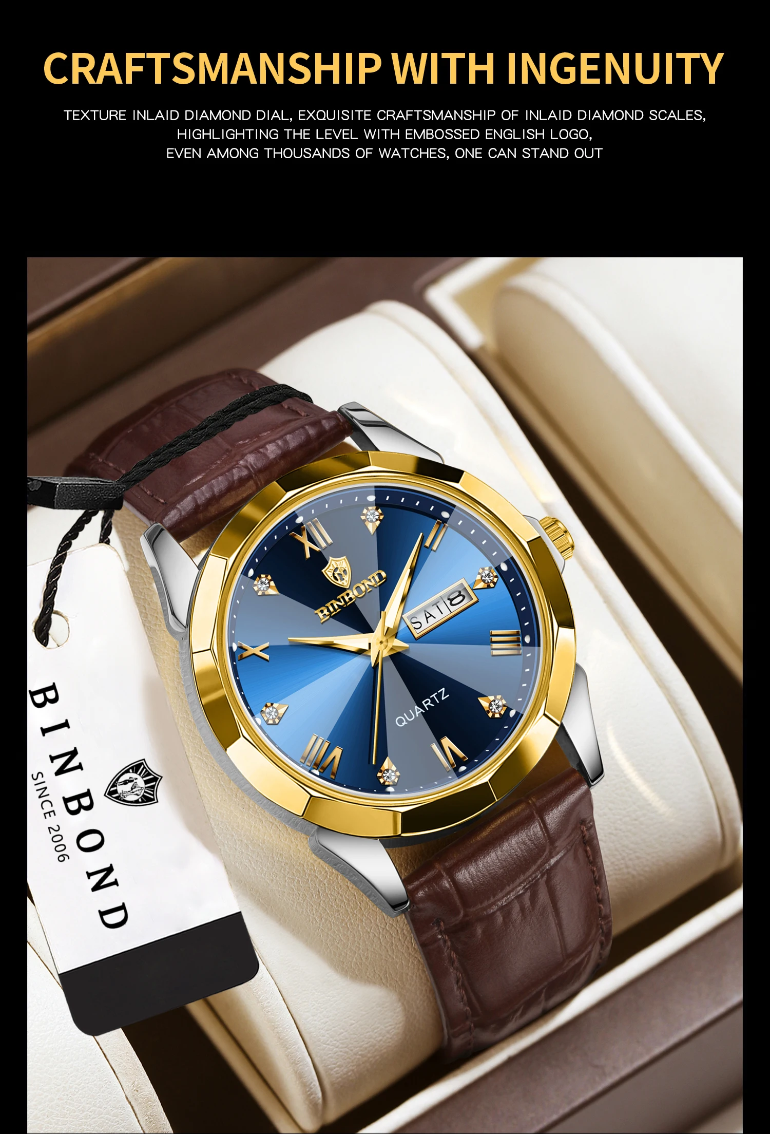 BINBOND Business Quartz Watches for Men Luxury Luminous Waterproof Precise Auto Date Week Display Men's Watch Durable Reloj