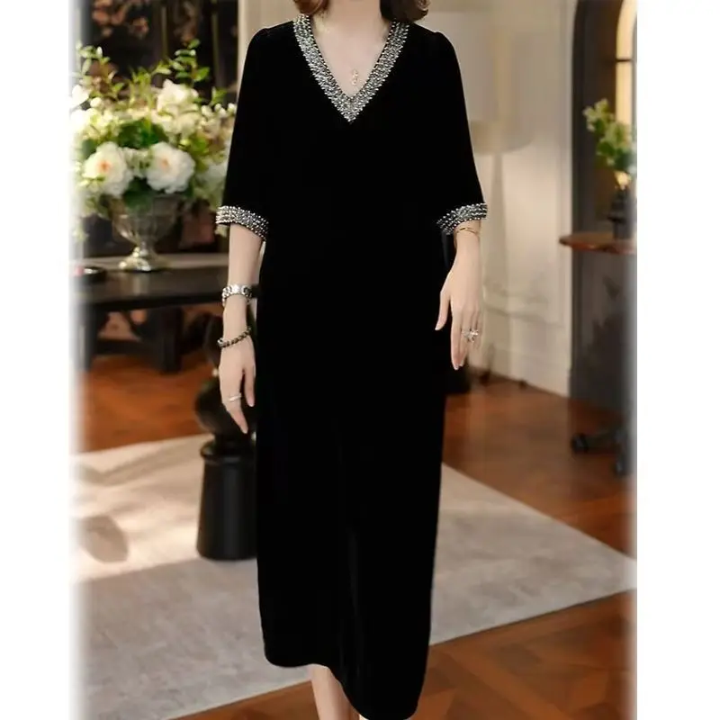 Lady Dress 2025 New Spring And Autumn Popular Light Luxury High-End thin elastic Mother High-End Velvet Dresses Red Black