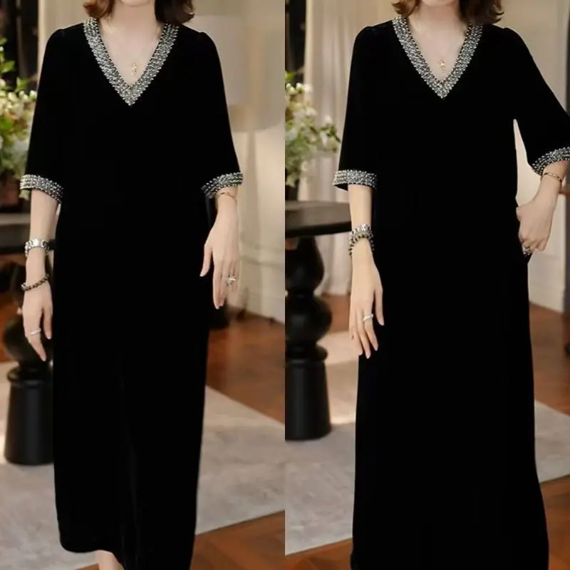 Lady Dress 2025 New Spring And Autumn Popular Light Luxury High-End thin elastic Mother High-End Velvet Dresses Red Black