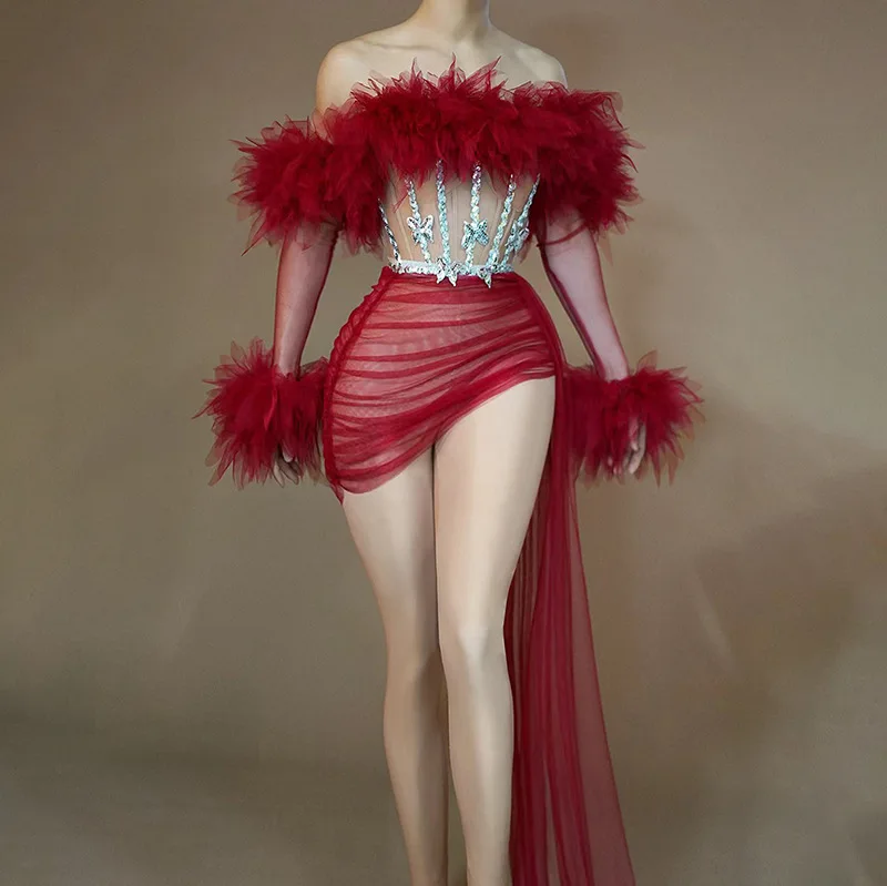 Sexy See Thru Red Prom Dresses with Sleeve Mini Length Ruffled Tulle Night Club Party Dress Spaghetti Chic Cocktail Dresses