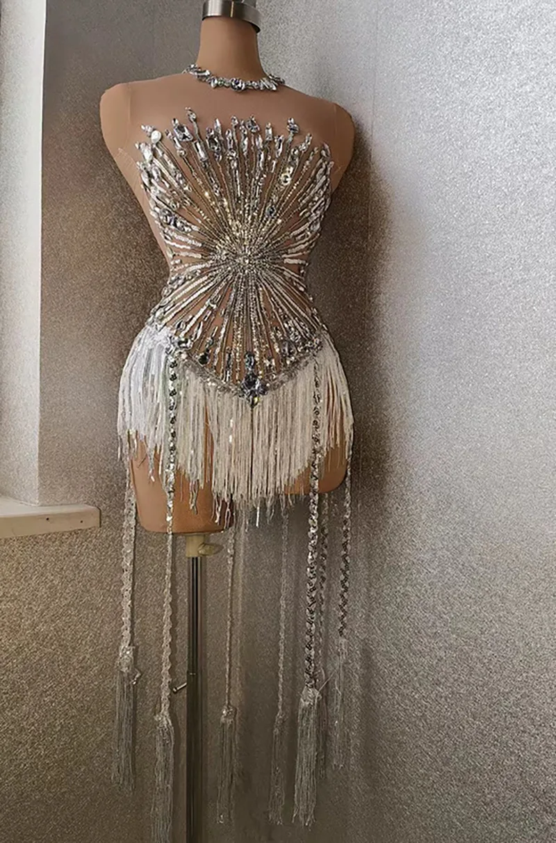 White Snowflake Pearl See Through Mesh Women Stunning Dress Party Birthday Sexy Carnival Performance Stage Costume