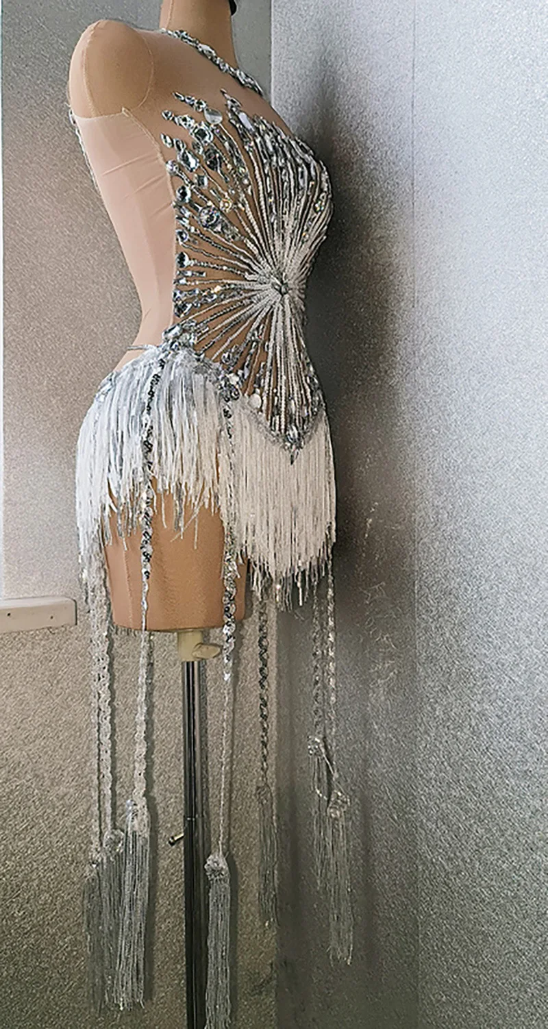 White Snowflake Pearl See Through Mesh Women Stunning Dress Party Birthday Sexy Carnival Performance Stage Costume