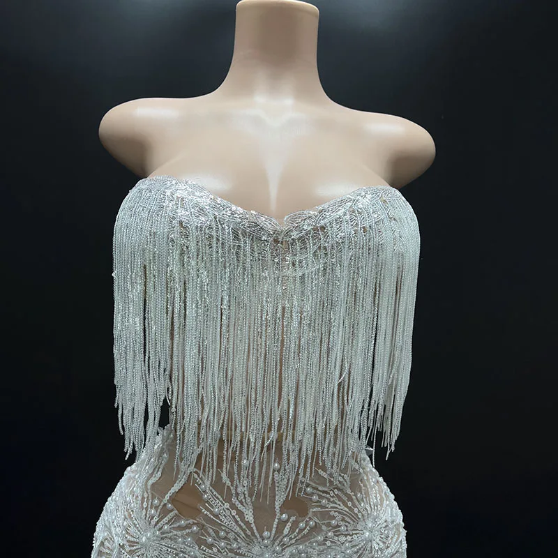 White Snowflake Pearl See Through Mesh Women Stunning Dress Party Birthday Sexy Carnival Performance Stage Costume