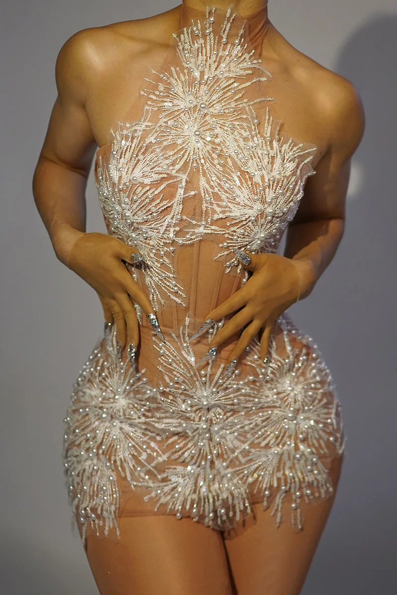 White Snowflake Pearl See Through Mesh Women Stunning Dress Party Birthday Sexy Carnival Performance Stage Costume