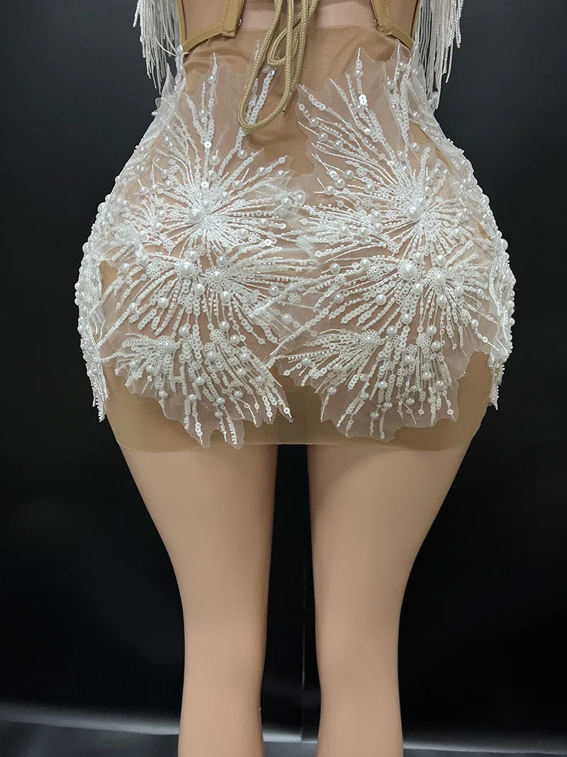White Snowflake Pearl See Through Mesh Women Stunning Dress Party Birthday Sexy Carnival Performance Stage Costume