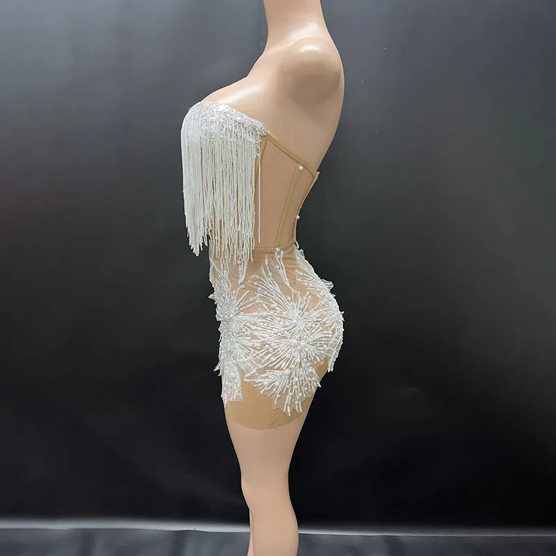 White Snowflake Pearl See Through Mesh Women Stunning Dress Party Birthday Sexy Carnival Performance Stage Costume