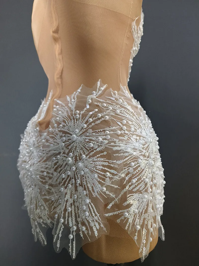 White Snowflake Pearl See Through Mesh Women Stunning Dress Party Birthday Sexy Carnival Performance Stage Costume