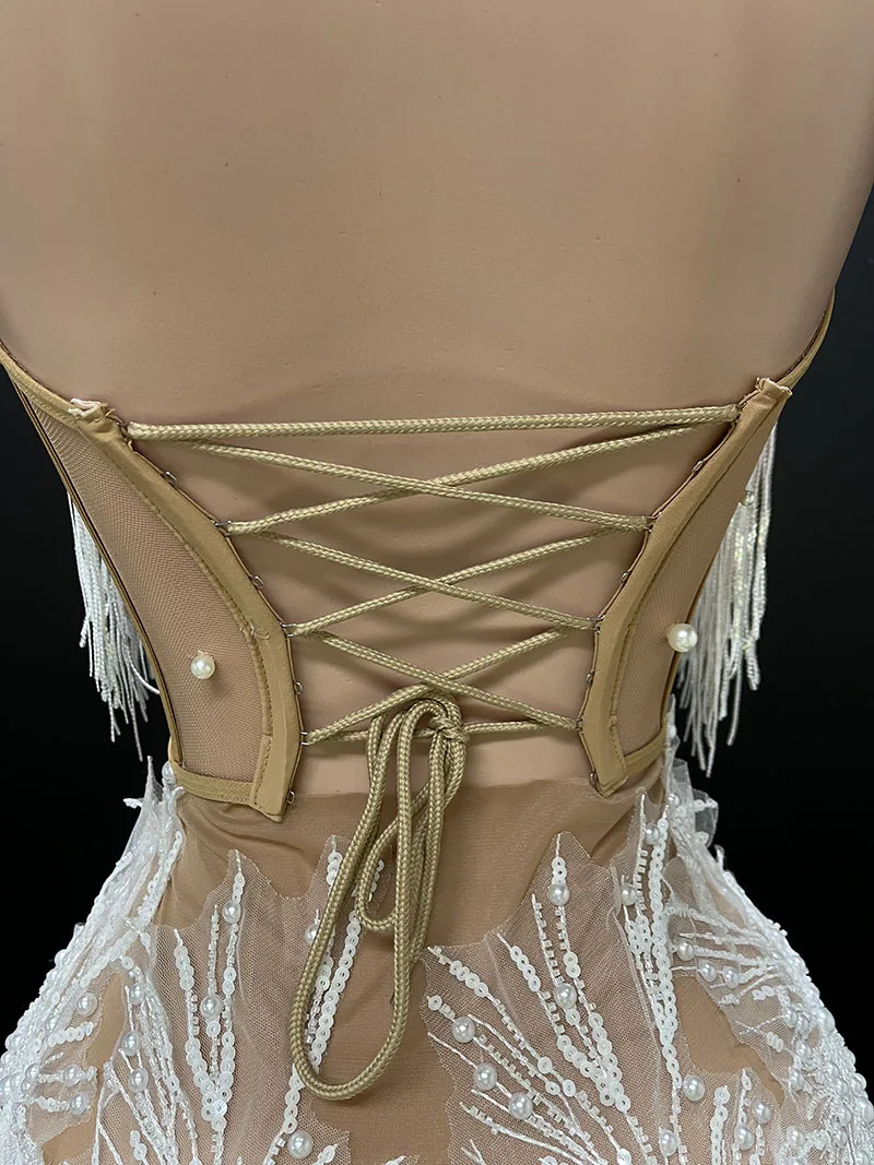 White Snowflake Pearl See Through Mesh Women Stunning Dress Party Birthday Sexy Carnival Performance Stage Costume