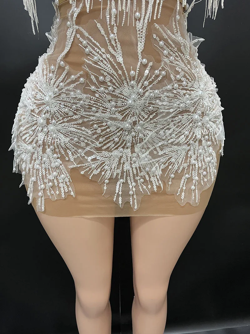 White Snowflake Pearl See Through Mesh Women Stunning Dress Party Birthday Sexy Carnival Performance Stage Costume