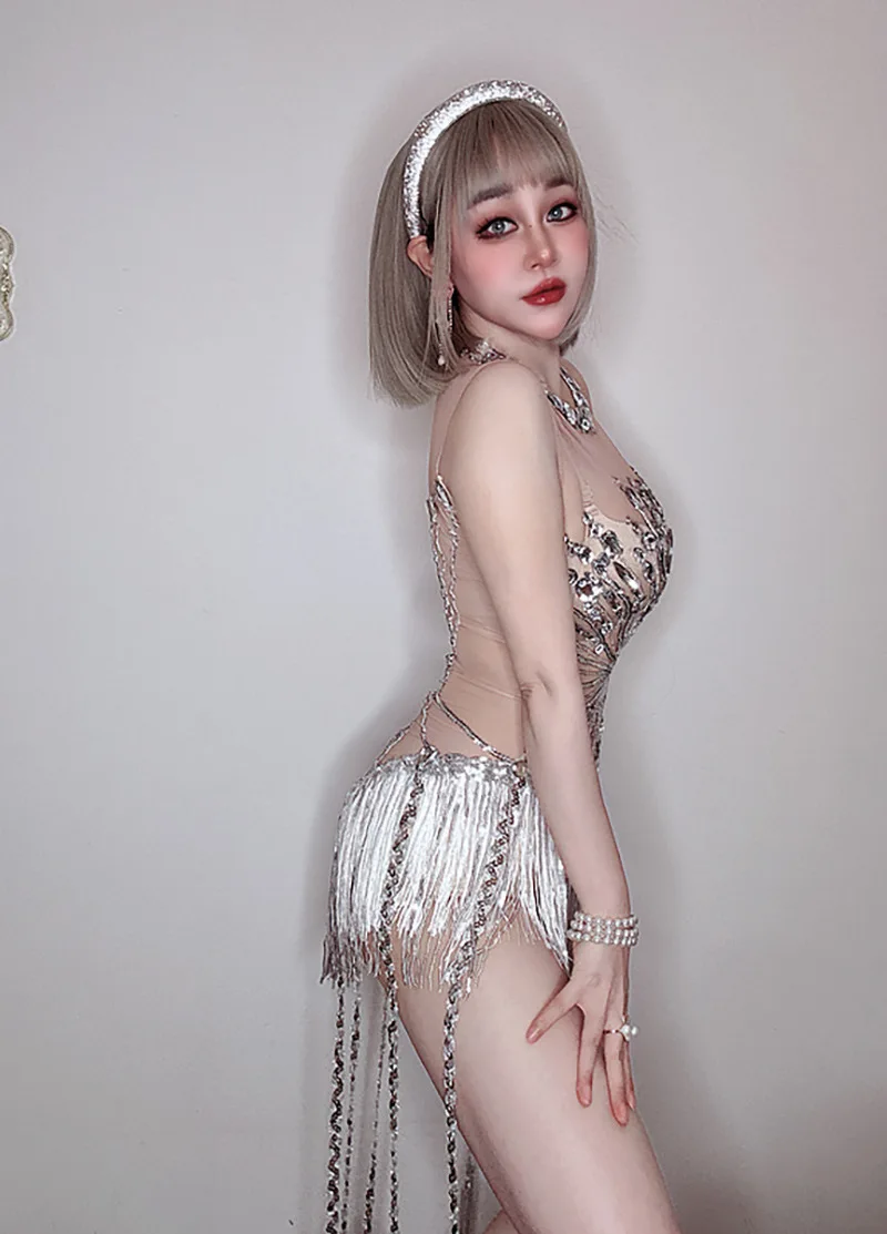 White Snowflake Pearl See Through Mesh Women Stunning Dress Party Birthday Sexy Carnival Performance Stage Costume