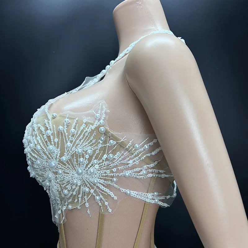 White Snowflake Pearl See Through Mesh Women Stunning Dress Party Birthday Sexy Carnival Performance Stage Costume