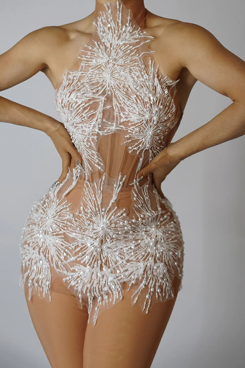 White Snowflake Pearl See Through Mesh Women Stunning Dress Party Birthday Sexy Carnival Performance Stage Costume