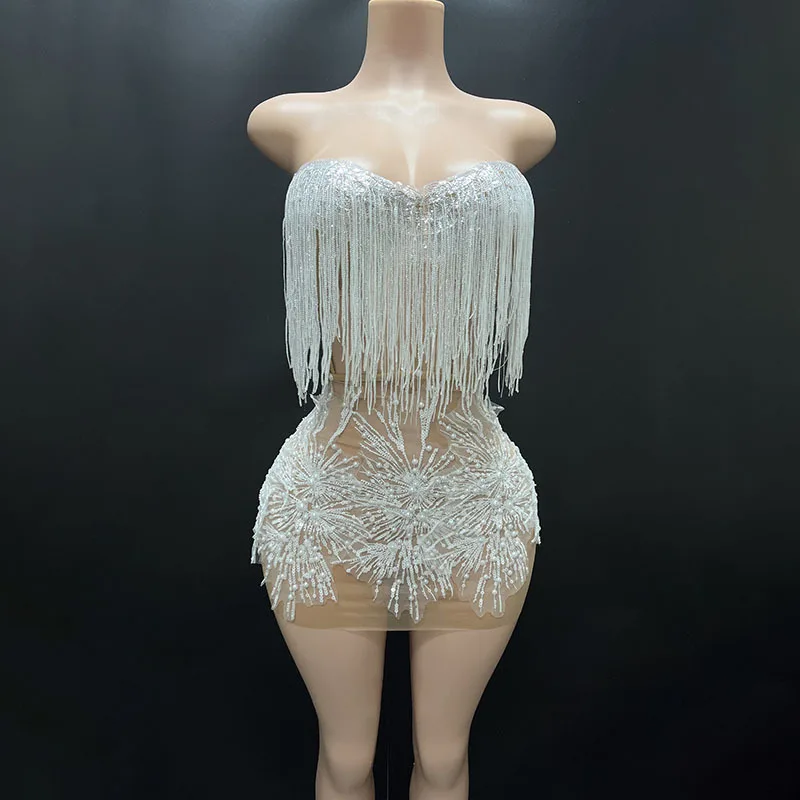 White Snowflake Pearl See Through Mesh Women Stunning Dress Party Birthday Sexy Carnival Performance Stage Costume