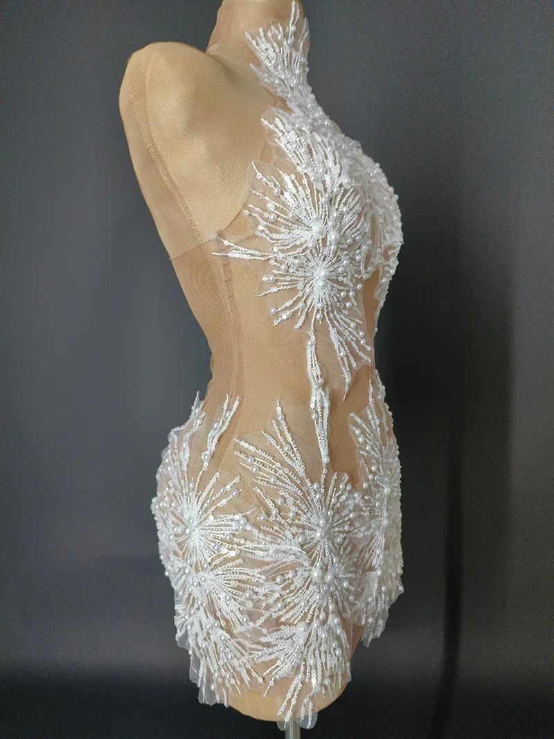 White Snowflake Pearl See Through Mesh Women Stunning Dress Party Birthday Sexy Carnival Performance Stage Costume