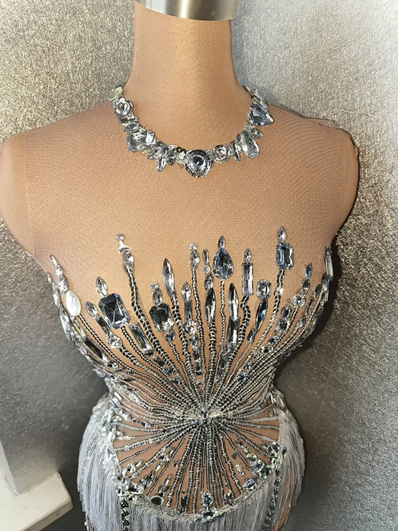 White Snowflake Pearl See Through Mesh Women Stunning Dress Party Birthday Sexy Carnival Performance Stage Costume