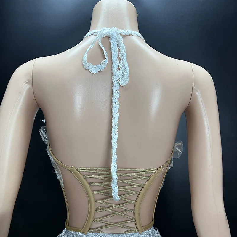 White Snowflake Pearl See Through Mesh Women Stunning Dress Party Birthday Sexy Carnival Performance Stage Costume