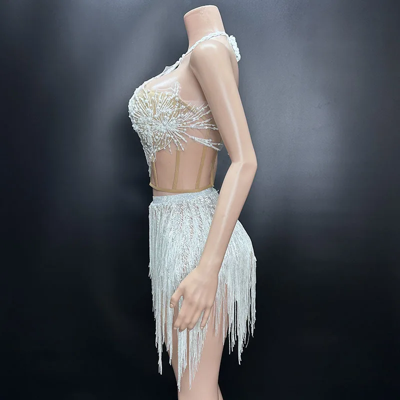 White Snowflake Pearl See Through Mesh Women Stunning Dress Party Birthday Sexy Carnival Performance Stage Costume