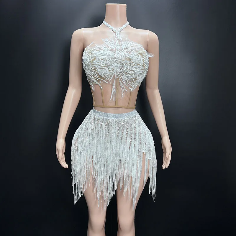 White Snowflake Pearl See Through Mesh Women Stunning Dress Party Birthday Sexy Carnival Performance Stage Costume
