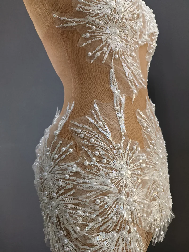White Snowflake Pearl See Through Mesh Women Stunning Dress Party Birthday Sexy Carnival Performance Stage Costume
