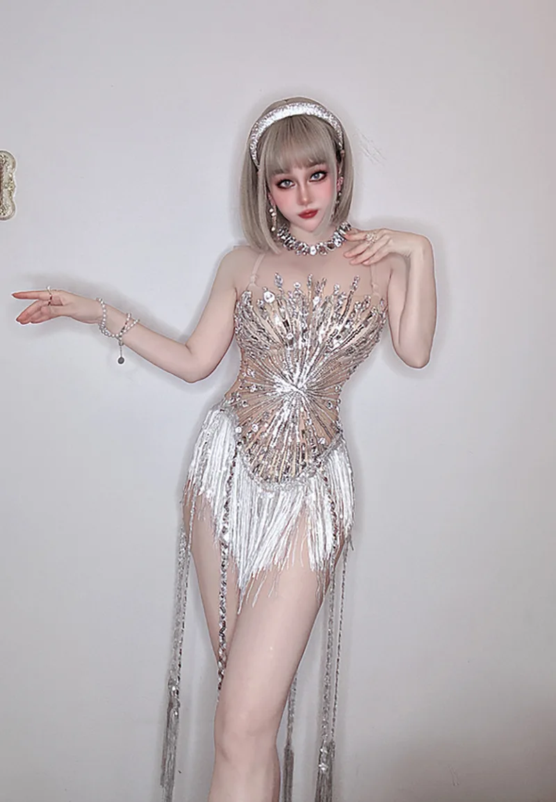 White Snowflake Pearl See Through Mesh Women Stunning Dress Party Birthday Sexy Carnival Performance Stage Costume