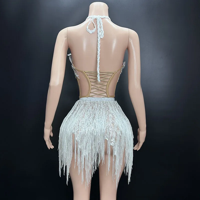 White Snowflake Pearl See Through Mesh Women Stunning Dress Party Birthday Sexy Carnival Performance Stage Costume