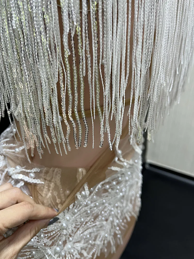 White Snowflake Pearl See Through Mesh Women Stunning Dress Party Birthday Sexy Carnival Performance Stage Costume