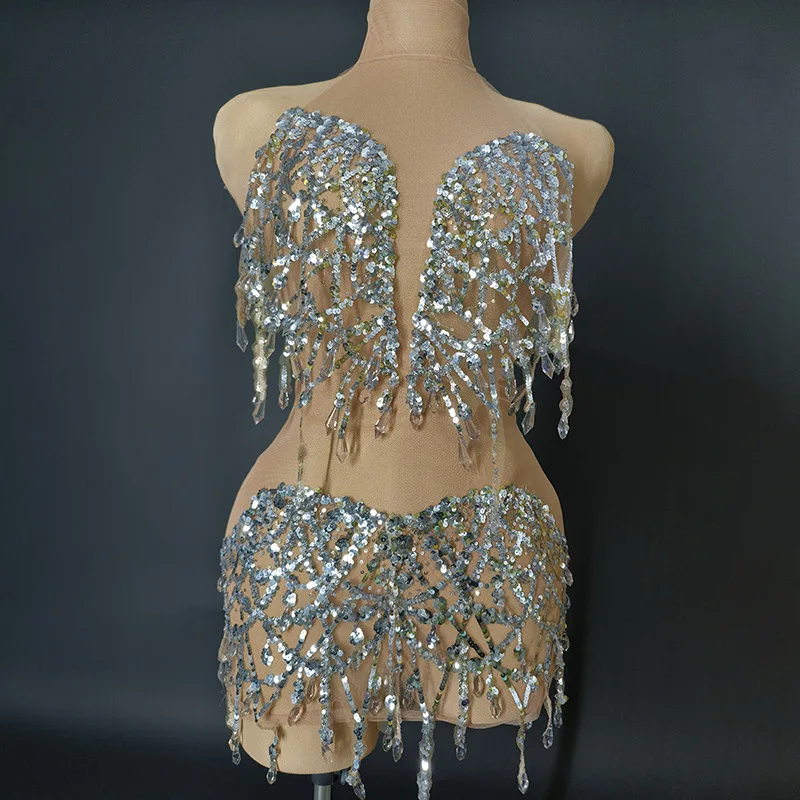 White Snowflake Pearl See Through Mesh Women Stunning Dress Party Birthday Sexy Carnival Performance Stage Costume