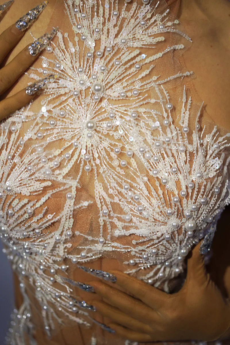 White Snowflake Pearl See Through Mesh Women Stunning Dress Party Birthday Sexy Carnival Performance Stage Costume