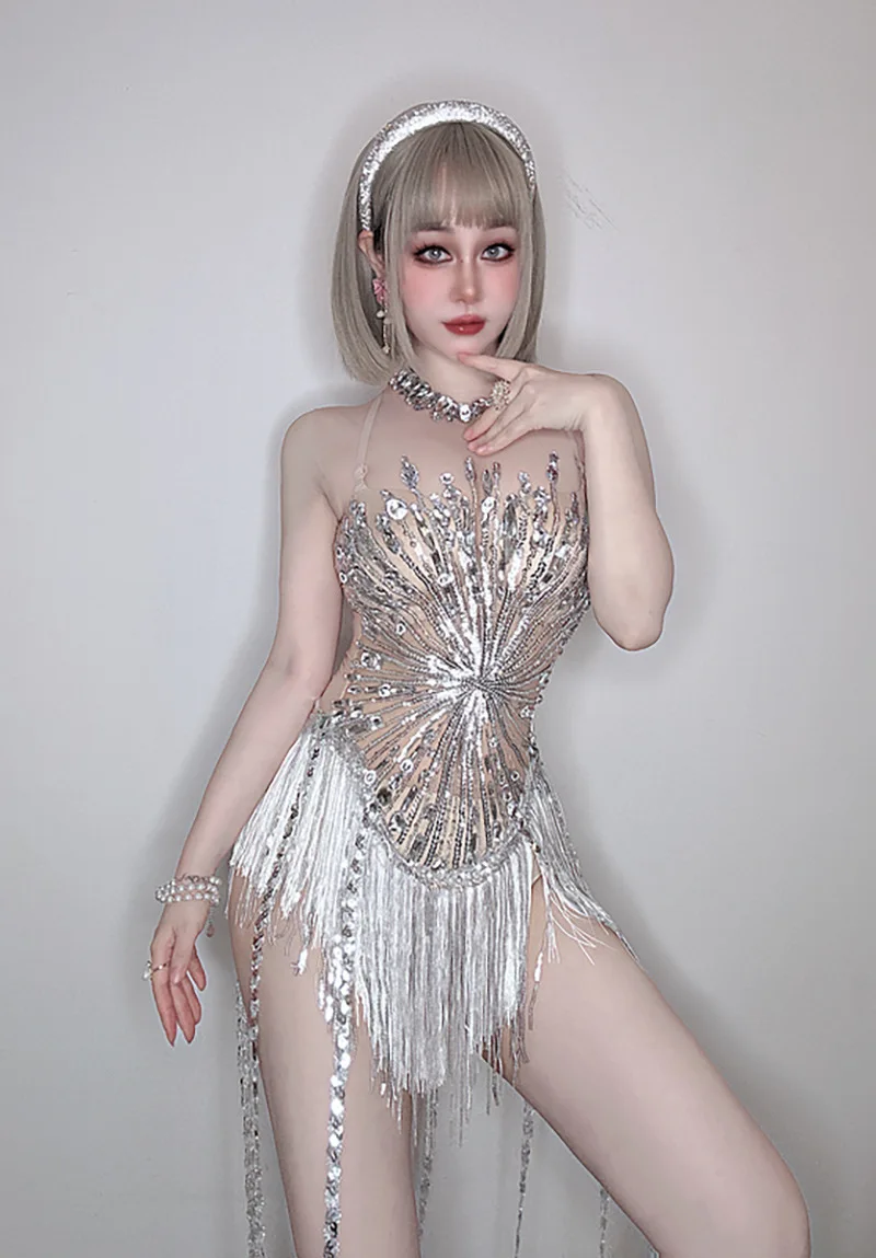 White Snowflake Pearl See Through Mesh Women Stunning Dress Party Birthday Sexy Carnival Performance Stage Costume