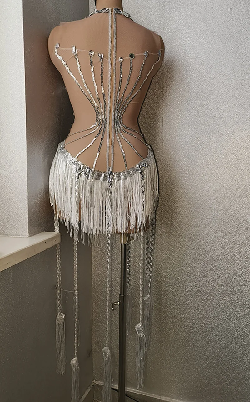 White Snowflake Pearl See Through Mesh Women Stunning Dress Party Birthday Sexy Carnival Performance Stage Costume