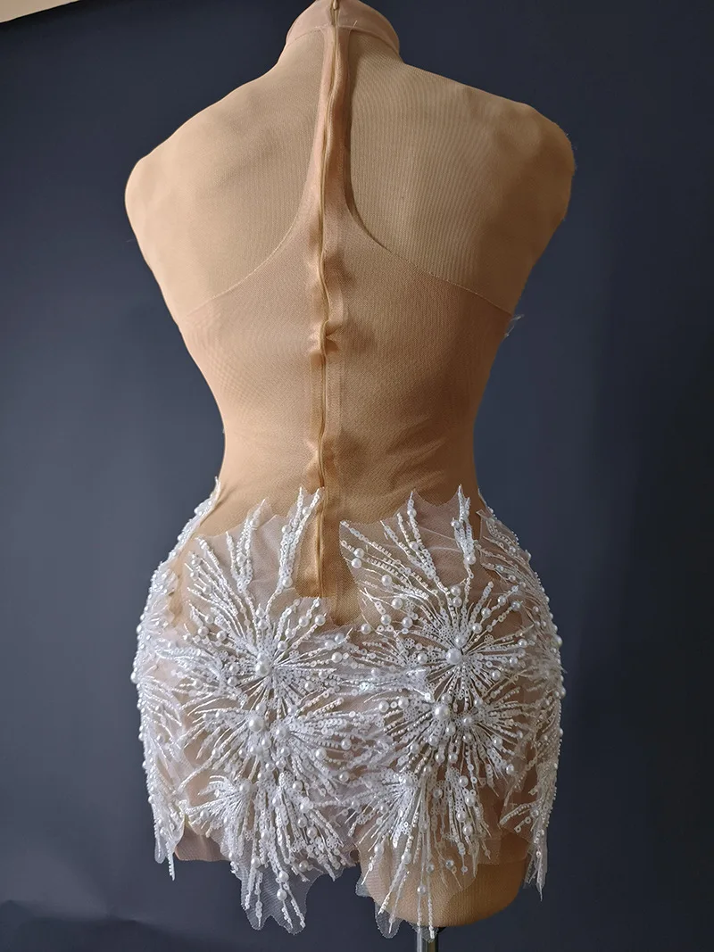 White Snowflake Pearl See Through Mesh Women Stunning Dress Party Birthday Sexy Carnival Performance Stage Costume