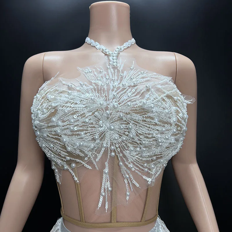 White Snowflake Pearl See Through Mesh Women Stunning Dress Party Birthday Sexy Carnival Performance Stage Costume