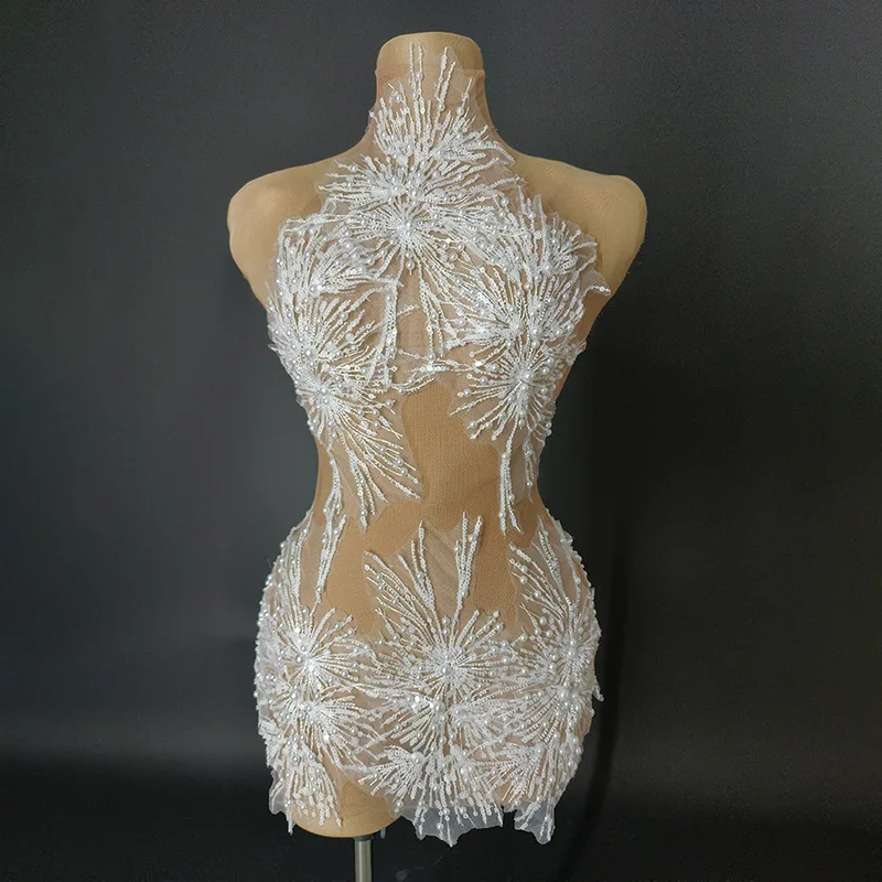 White Snowflake Pearl See Through Mesh Women Stunning Dress Party Birthday Sexy Carnival Performance Stage Costume