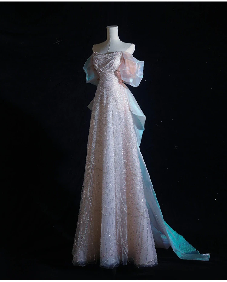2025 Elegant Shiny Women Evening Dresses High End Pearls Sequins with Bow Prom Birthday Party Gowns Formal Robes De Soirée