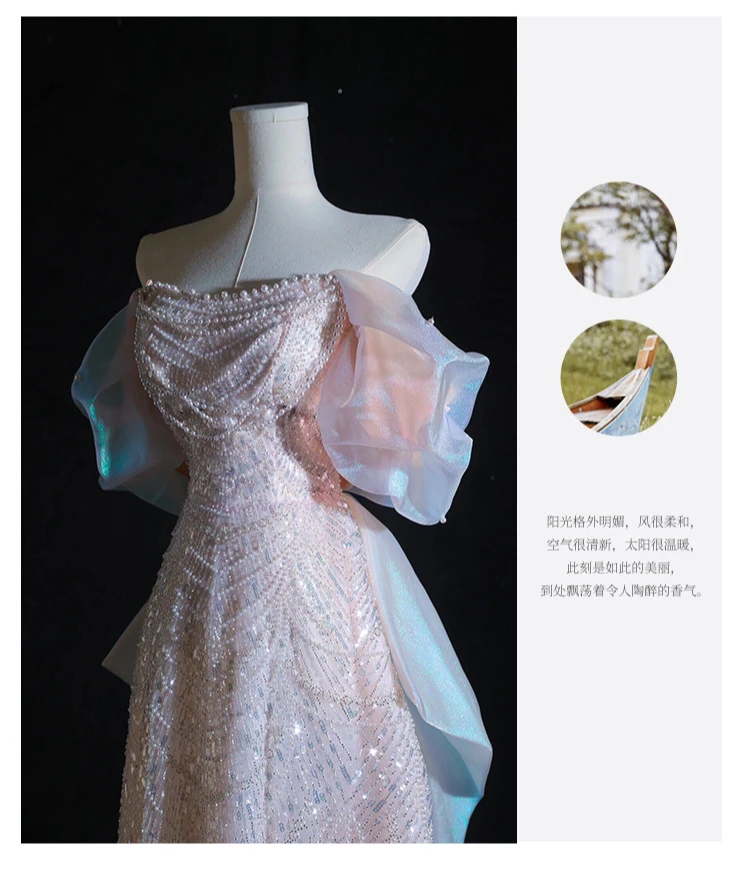 2025 Elegant Shiny Women Evening Dresses High End Pearls Sequins with Bow Prom Birthday Party Gowns Formal Robes De Soirée