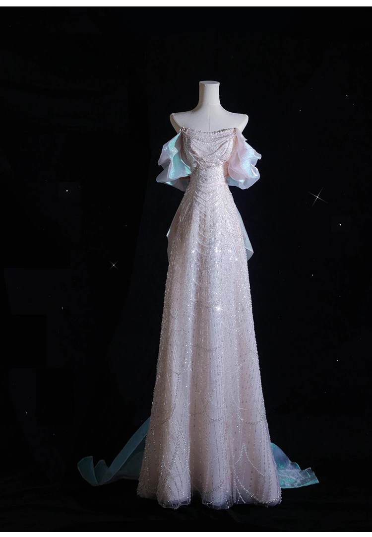 2025 Elegant Shiny Women Evening Dresses High End Pearls Sequins with Bow Prom Birthday Party Gowns Formal Robes De Soirée