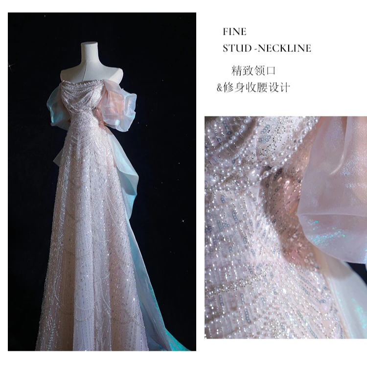 2025 Elegant Shiny Women Evening Dresses High End Pearls Sequins with Bow Prom Birthday Party Gowns Formal Robes De Soirée