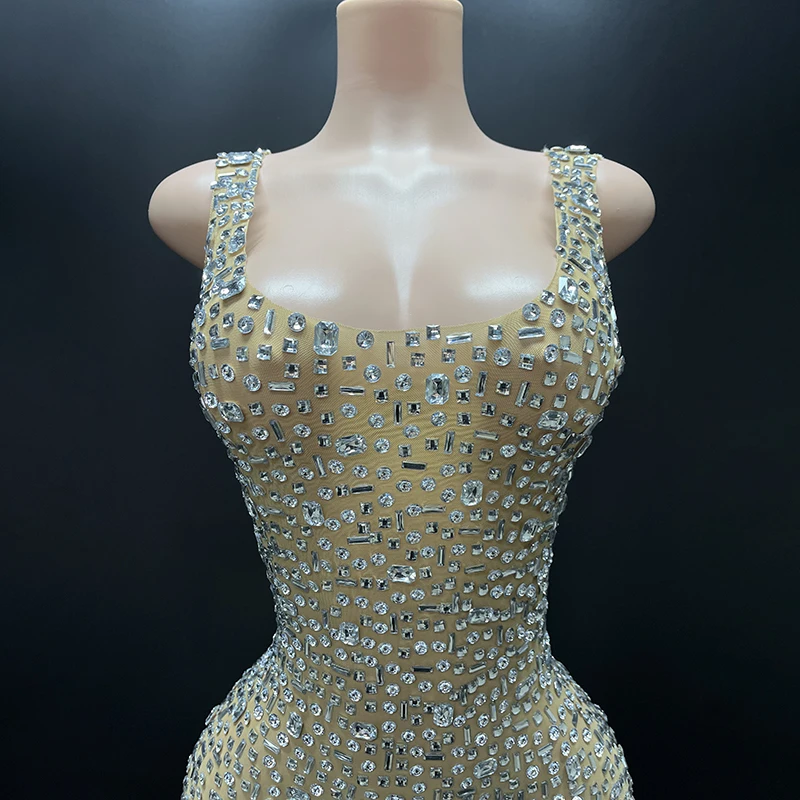 2025Luxury Sparkle Rhinestones Sexy Dress For Women Club Party Birthday Queen Sheer Mesh Elegant Maxi Dress Prom dresses