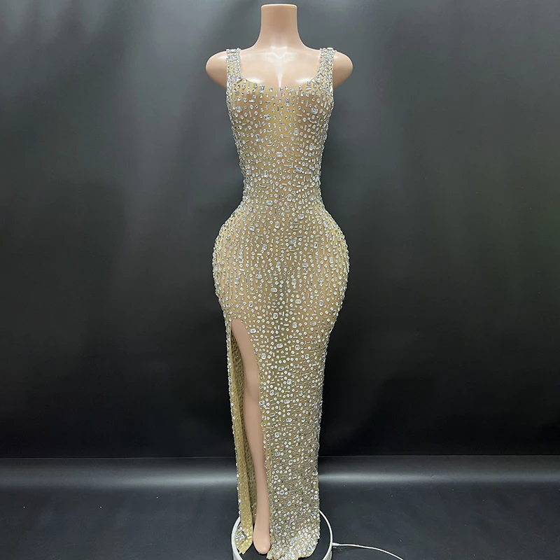 2025Luxury Sparkle Rhinestones Sexy Dress For Women Club Party Birthday Queen Sheer Mesh Elegant Maxi Dress Prom dresses