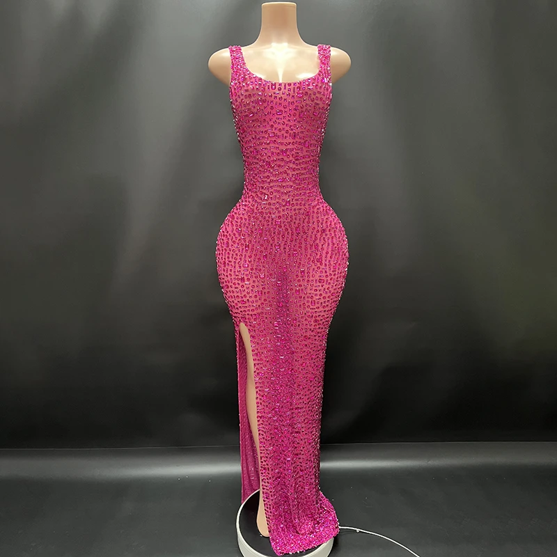 2025Luxury Sparkle Rhinestones Sexy Dress For Women Club Party Birthday Queen Sheer Mesh Elegant Maxi Dress Prom dresses